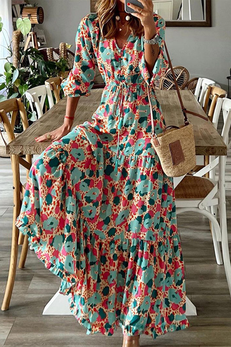 Elegant Print Patchwork V Neck A Line Dresses