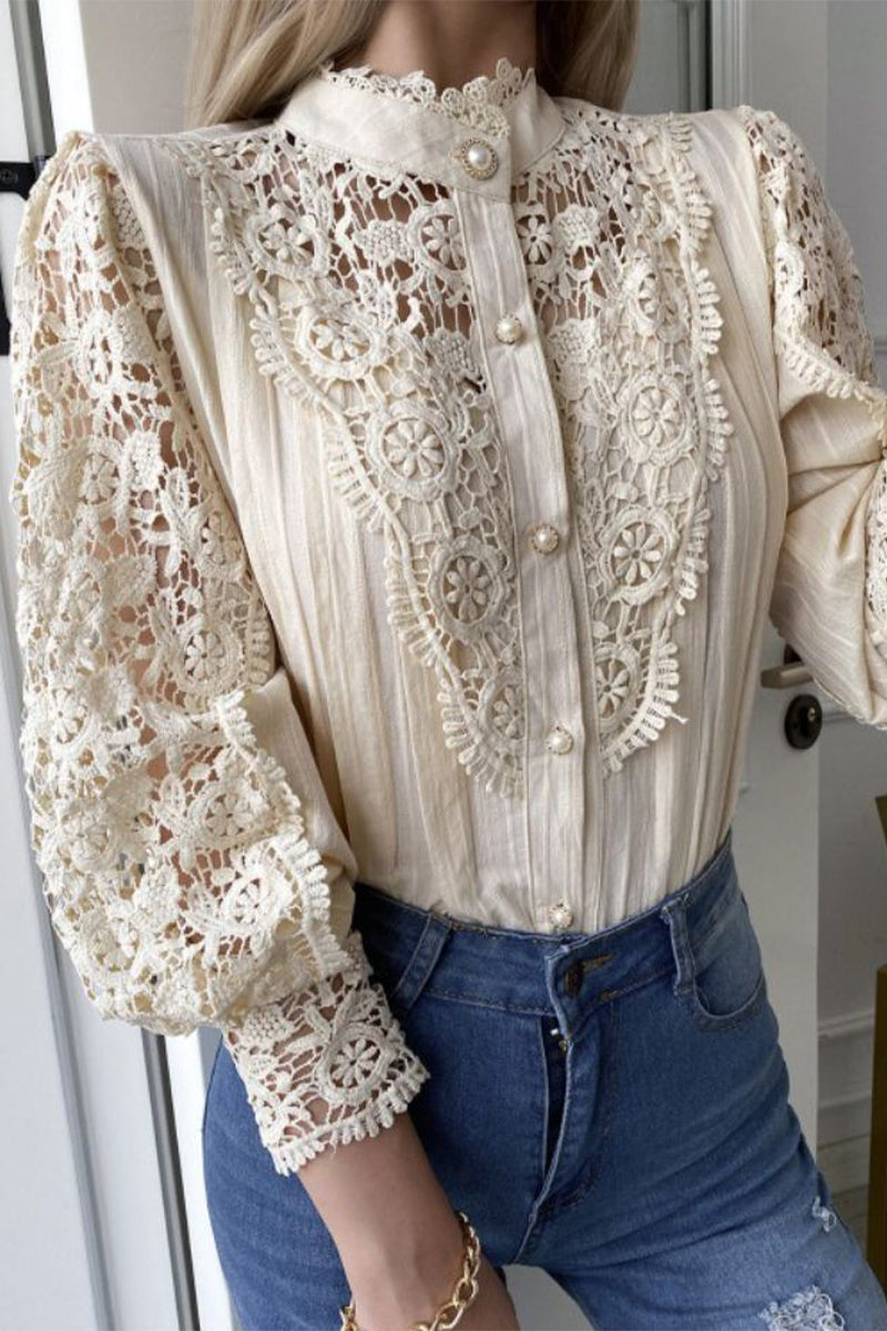Elegant Solid Lace Mandarin Collar Blouses(3 Colors)