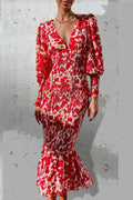 Daily Elegant Print Flounce V Neck Trumpet Mermaid Dresses(5 Colors)