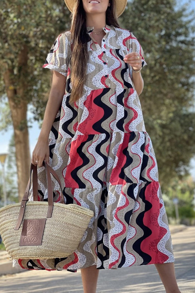 Vintage Elegant Geometric Print Patchwork O Neck A Line Dresses(5 Colors)