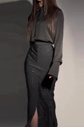 Celebrities Elegant Solid Hot Drill Turndown Collar Long Sleeve Two Pieces(No tie)